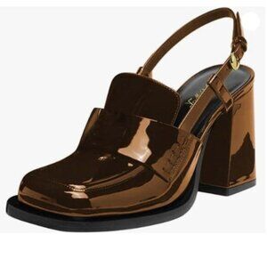 FOWT Women Platform Square Toe Loafers Chunky High Heel Slingback Pumps Brown
